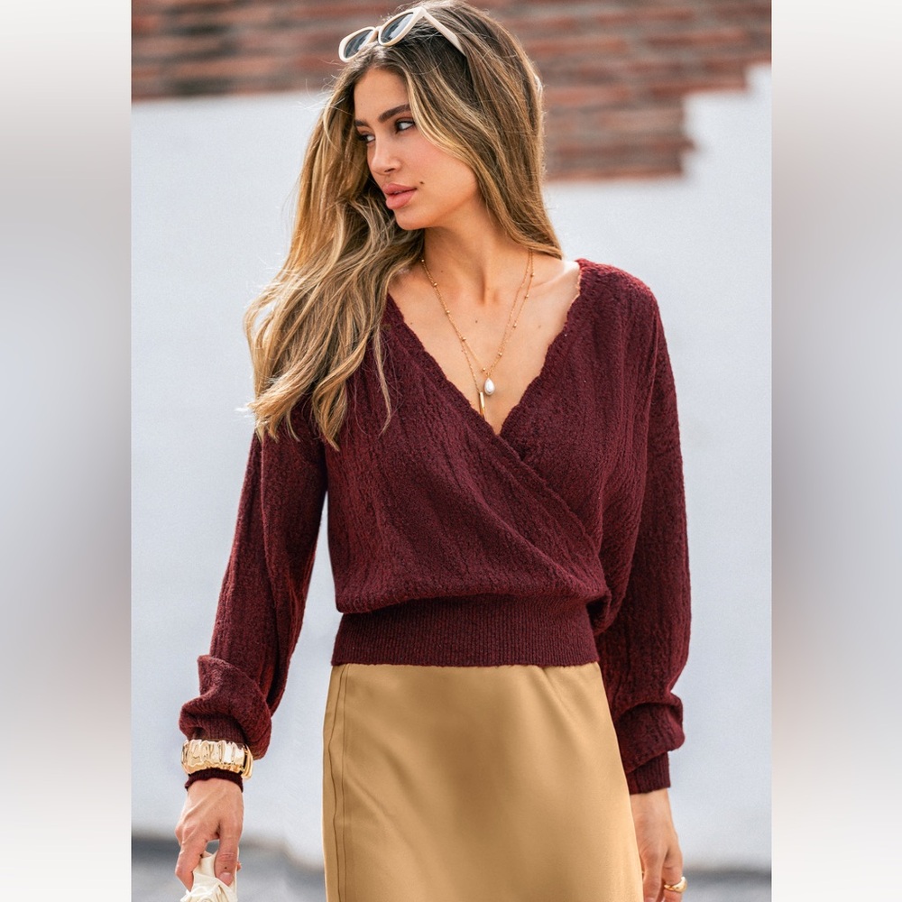 Cupshe Deep Red V-Neck Sweater